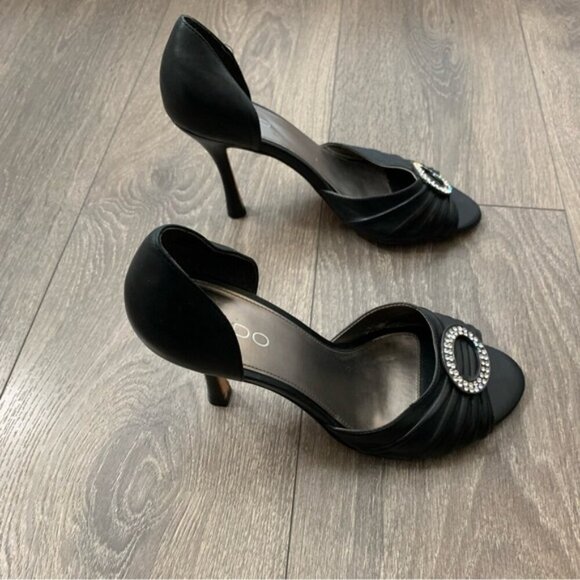 Aldo Women's Open toe Pumps Heels Leather Black Crystal Embellishment detail - Picture 3 of 16